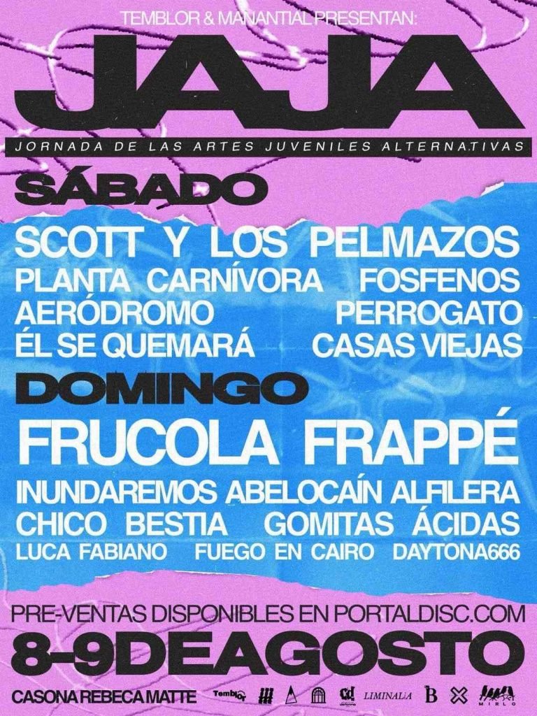 Afiche Festival JAJA: Scott y Los Pelmazos, Frucola Frappé, Planta Carnivora, Inundaremos, Fosfenos, Inundaremos y más.